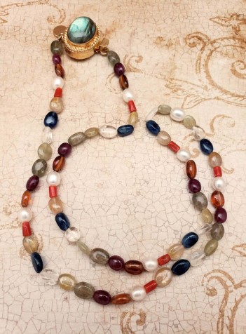 Multi-colored Semi-precious Gemstones and Pearl Necklace with Gray Mother of Pearl Clasp