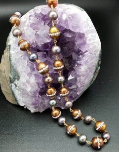 Peacock Blue and CZ-brown Pearls Necklace