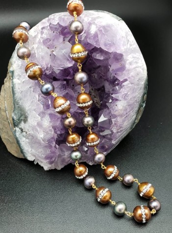 Blue and Brown Pearls with Cubic Zirconia Necklace