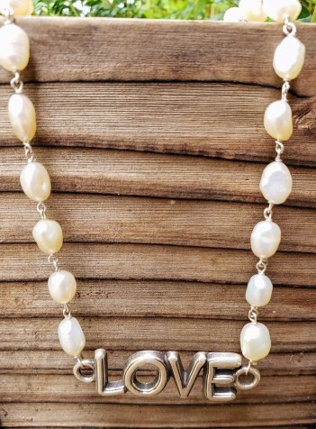 Freshwater White Oval Pearl Necklace with Sterling Silver Love Festoon